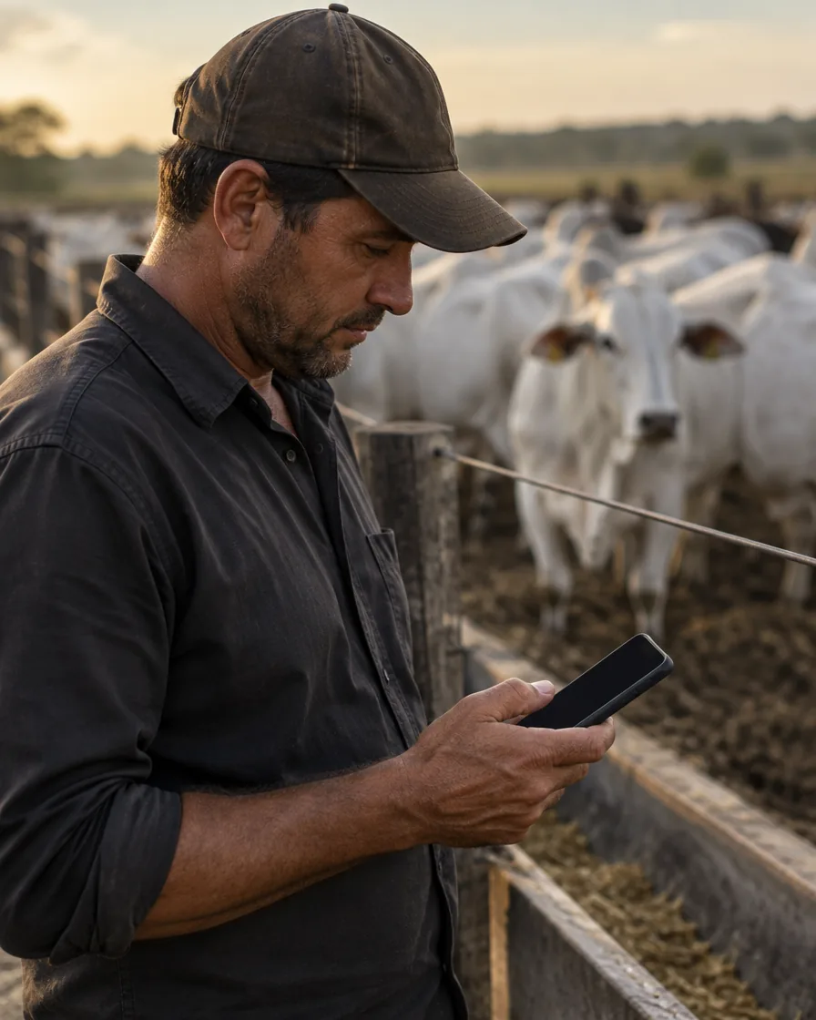 Produtor rural consultando o smartphone ao lado da cerca de uma baia de confinamento.